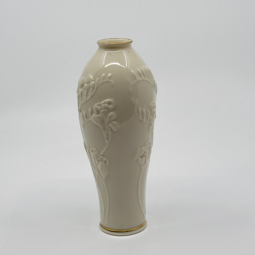 Vintage Lenox Cream Bud Vase Gold Trim 3D Floral Embossed 6.5" Tall
